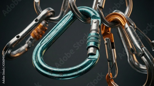 A group of carabiners of various colors and designs are hanging closely together against a dark background. Each carabiner has a different function