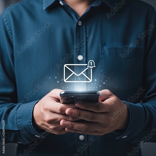 Man holding smartphone with email notification icon digital communication concept