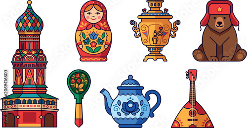 Foto Traditional Russian culture vector set with matryoshka doll samovar balalaika be