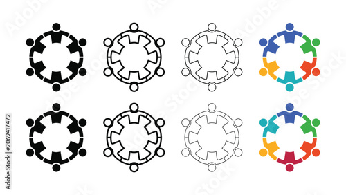 Set of abstract teamwork icons representing people holding hands in a circular formation