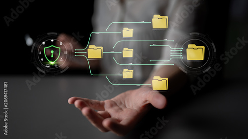Canvas Print Person Holding Virtual Interface with Documents and Security Symbols Representing Data Protection and Management in Technology Concept Fluxor