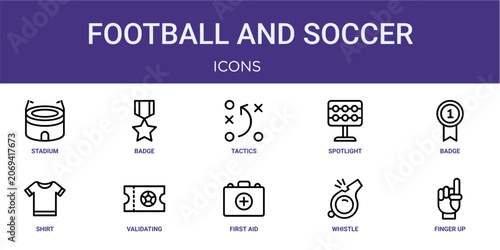 Set of 10 thin line Football and Soccer icons for dashboards, websites and mobile app layouts. Editable outline vector pack featuring stadium, tactics, badge, validating ticket and finger up.