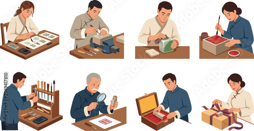 Slika na platnu Flat vector illustration set of artisans carving traditional stone seals and pra