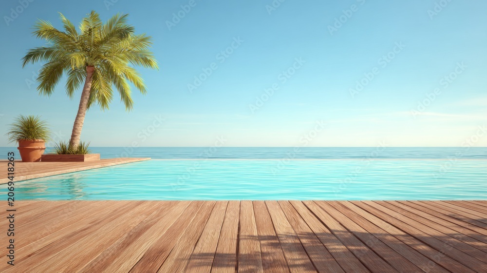 Fototapeta premium Wooden deck stretches out to an infinity edge swimming pool overlooking vast blue ocean under clear sky