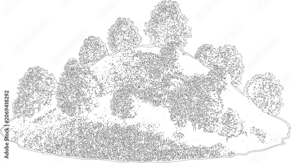 Fototapeta premium Overgrown hill with numerous stylized trees and dense foliage, artistic line drawing creating a landscape scene on grey checkered background.