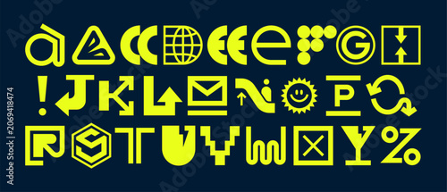 Decorative display alphabet made of random packaging icon and shipping symbols, neon yellow experimental font with pictogram letters , creative typography design for logistics and delivery