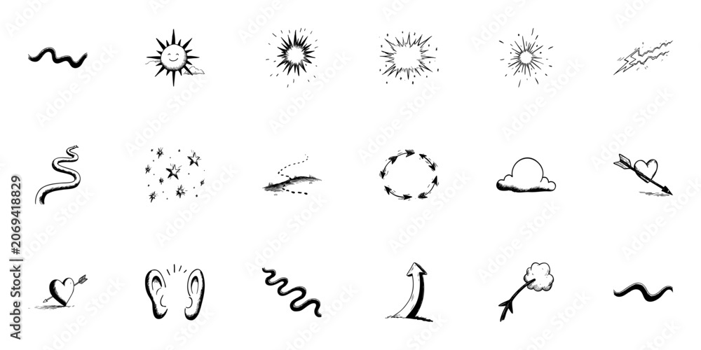 Obraz premium Diverse Doodle Sketch Set. Nature, Emotions, And Abstract Concepts In Hand Drawn Style Collection. Includes Sun, Stars, Arrows, And Clouds. Isolated Vector Illustration