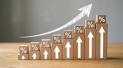 Growth chart made of wooden blocks with percentage signs and rising white arrows on table.
