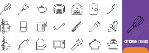 Bild auf Leinwand Kitchen cooking utensils line icons