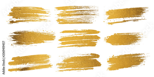 Bild auf Leinwand Gold foil brush strokes set with metallic paint smears and glitter texture streaks vector graphic illustration
