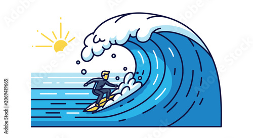 Photography Vector illustration of a breaking ocean wave with a surfer featuring a distinct