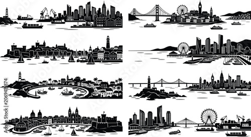 Foto Black city skyline and coastal port silhouettes set featuring harbors, bridges,