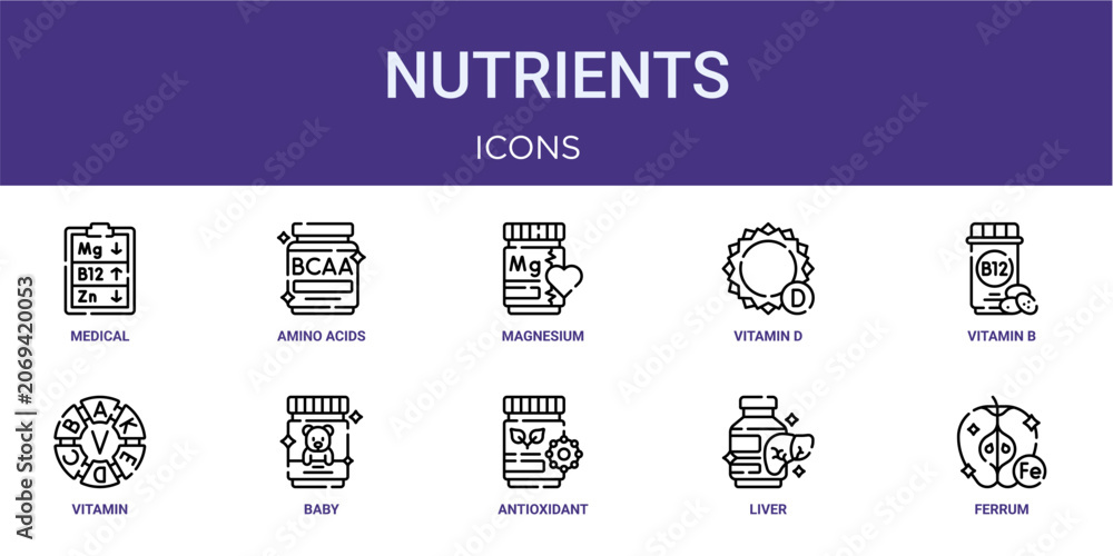 Fototapeta premium Set of 10 thin line Nutrients icons for dashboards, websites and mobile app layouts. Editable outline vector pack featuring medical checkup, magnesium, vitamin b, baby and ferrum.