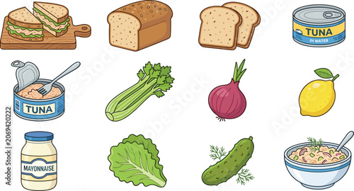 Tuna Salad Sandwich Recipe Ingredient Icon Set with Canned Tuna Whole Wheat Bread Celery Onion Mayonnaise and Pickle Vector Illustrations for Menu Design