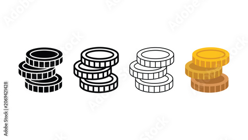 Set of four coin stack icons in different artistic styles