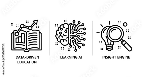 Data driven education learning AI and insight engine icons for business and technology with education learning artificial intelligence analytics business technology magnifying research