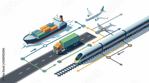 Isometric illustration of cargo transportation modes