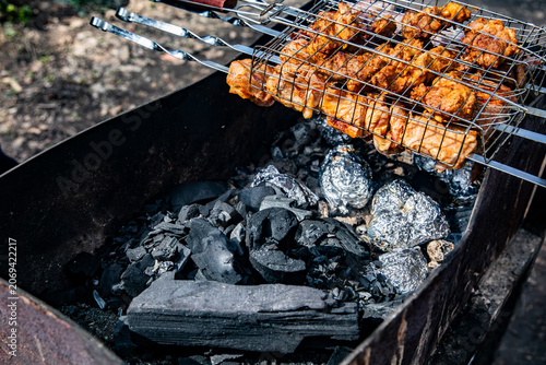 Bild auf Leinwand Appetizing kebabs on skewers over charcoal in a barbecue grill in nature