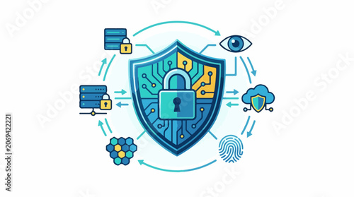 A blue shield with a padlock surrounded by various security icons