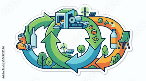 A stylized recycling symbol with green and orange arrows forming a circular process