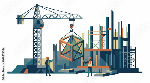 Construction site with crane and workers assembling building structure