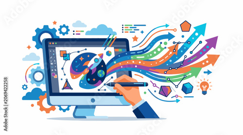 A computer monitor displays a vibrant futuristic interface with colorful graphs and charts surrounded by swirling arro