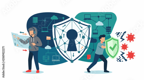 A digital illustration of two men one with a hoodie and headset and the other holding a shield with a green checkmark