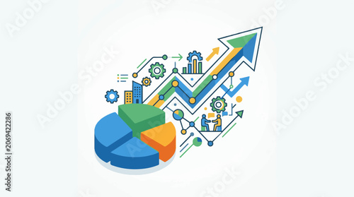 A colorful infographic with a pie chart and various business-related icons