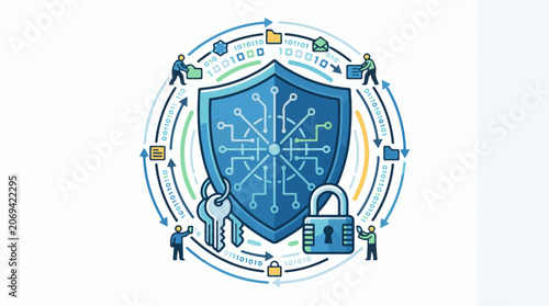 A shield with circuit board design surrounded by people keys padlock and binary code