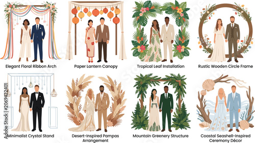 Fotografija Set of diverse bride and groom couples standing under creative themed wedding ar