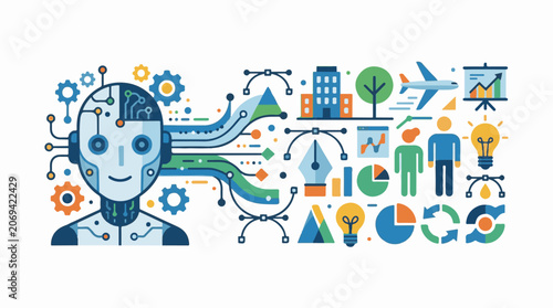 A blue robot with various colorful symbols and graphs surrounding it