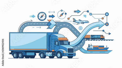 A stylized illustration of a truck with a winding road leading to various transportation modes