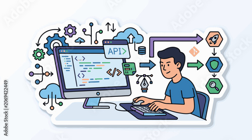 A man in blue t-shirt sitting at desk working on computer with coding symbols and API on screen surrounded by flowchart