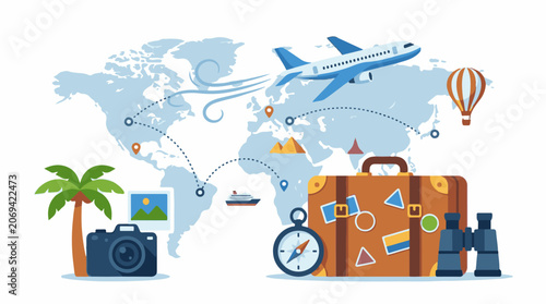 A travel-themed graphic with a world map plane suitcase and travel accessories