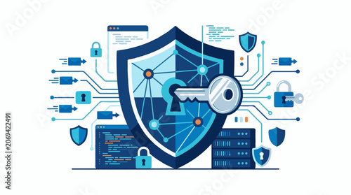 A blue shield with a key in the center surrounded by various security symbols