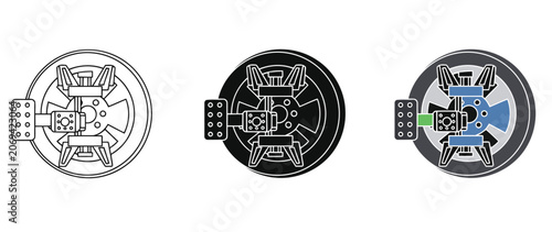 Car Wheel Hub Vector icon Set in Three Styles — Line Art, Silhouette and Color Version With Spokes
