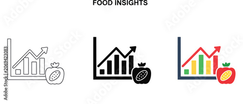 Food Trend Analysis Graphs Vector icon Set in Three Styles — Line Art, Silhouette and Color Version Showing Increasing Popularity With Strawberries