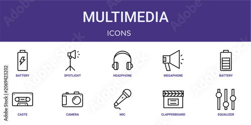 Quadro su tela Set of 10 thin line Multimedia icons for dashboards, websites and mobile app layouts
