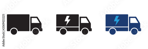 Electric delivery truck icons set with lightning bolt symbol representing green logistics eco transportation and clean energy vehicle fleet