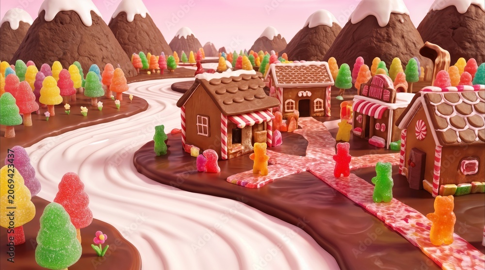 Naklejka premium Confectionery village with gingerbread houses and gummy bear residents. Fantasy candy land featuring chocolate mountains and a creamy river.