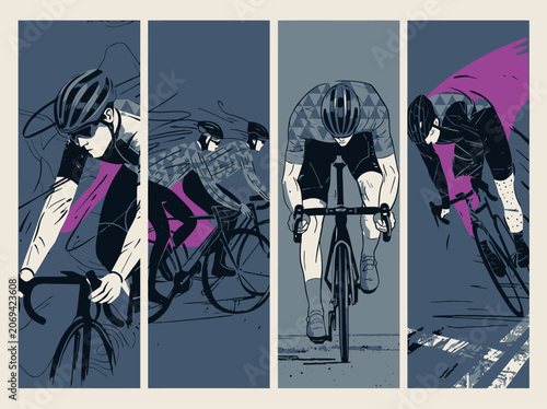 Dynamic illustration capturing the intense energy of professional road cycling with cyclists in action and dramatic lighting