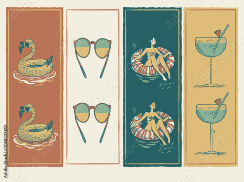 Whimsical summer vacation illustrations featuring flamingos, sunglasses, pool floats, and tropical drinks