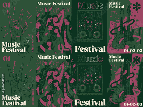Festive graphic design celebrating music festivals with abstract people and vintage audio equipment illustrations