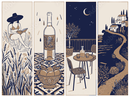 Artistic Banners Depicting Serene Lifestyles From Mediterranean Shores to Vineyard Escapes and Relaxing Reads