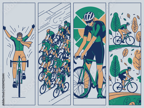 Illustration of a cycling race with athletes in action and victory celebration