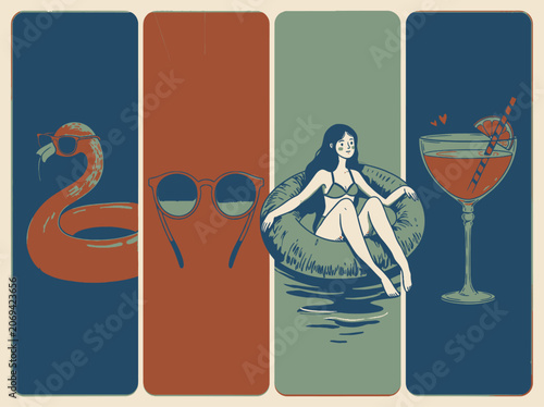 Retro summer vibes with beach essentials flamingo float, sunglasses, woman in float, and cocktail
