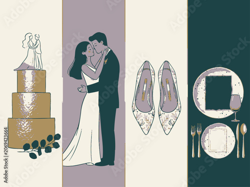 A romantic wedding illustration featuring a couple, tiered cake, elegant shoes, and a formal place setting