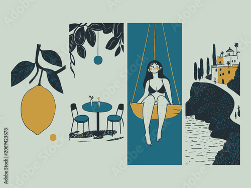 A tranquil Mediterranean scene unfolds with a woman on a swing, a cafe setting, and a lemon tree, evoking relaxation and summer vibes