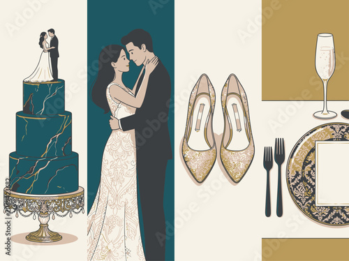Elegant wedding illustration featuring a wedding cake, a bride and groom, and formal table setting with shoes and champagne