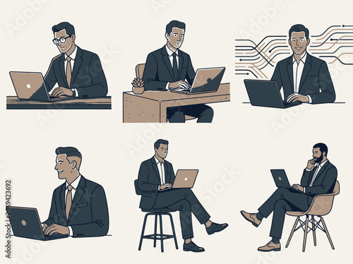Diverse professional illustrations of men working on laptops in various settings, showcasing modern business and technology concepts